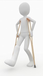 3d man with crutches and broken leg